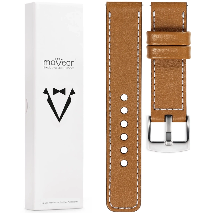 moVear Prestige C1 Skórzany pasek 18mm do zegarka | Jasnobrązowy, białe przeszycie [rozmiary XS-XXL i klamra do wyboru]