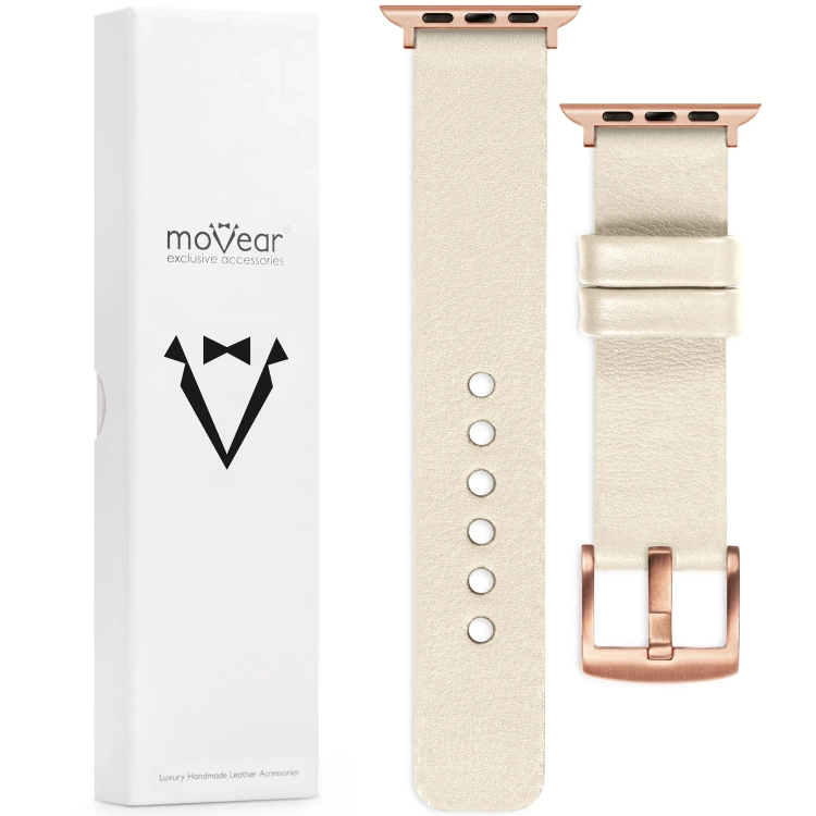 moVear Prestige S1 Skórzany pasek 20mm do Apple Watch 10 / 9 / 8 / 7 / 6 / 5 / 4 / SE (42/41/40mm) | Beżowy [adapter i klamra do wyboru]