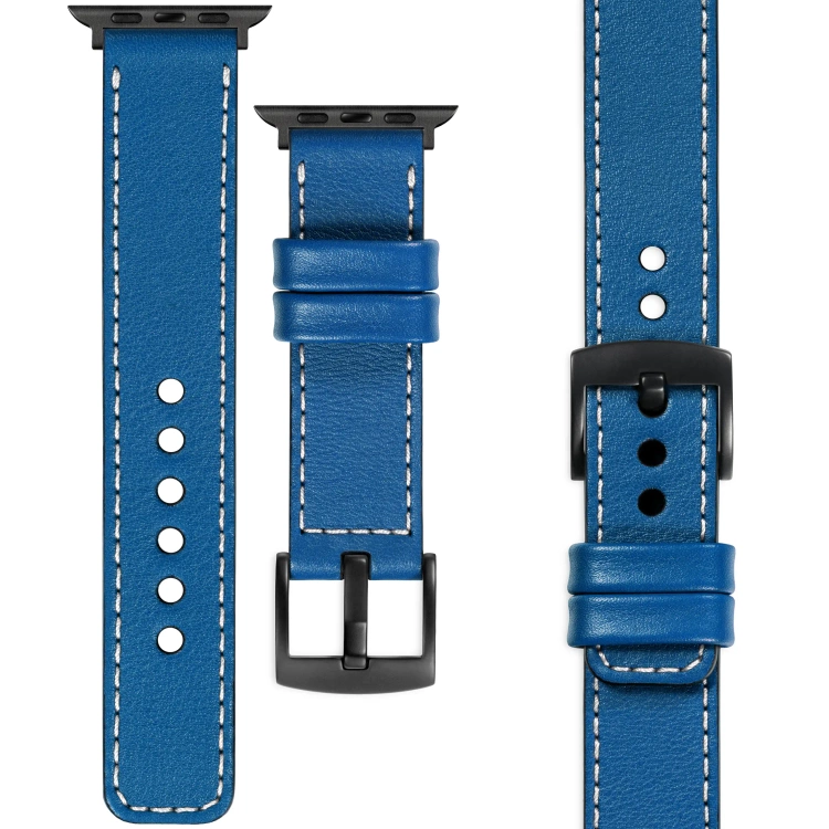moVear Prestige C1 Skórzany pasek 22mm do Apple Watch 10 / 9 / 8 / 7 / 6 / 5 / 4 / SE (46/45/44mm) & Ultra (49mm) | Niebieski, białe przeszycie [rozmiary XS-XXL i klamra do wyboru]