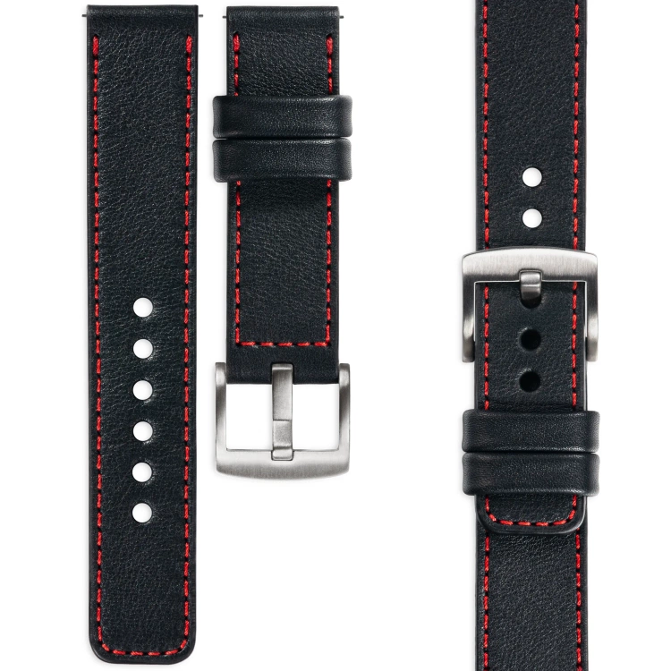 moVear Prestige C1 Skórzany pasek 19mm do zegarka | Czarny, czerwone przeszycie [rozmiary XS-XXL i klamra do wyboru]