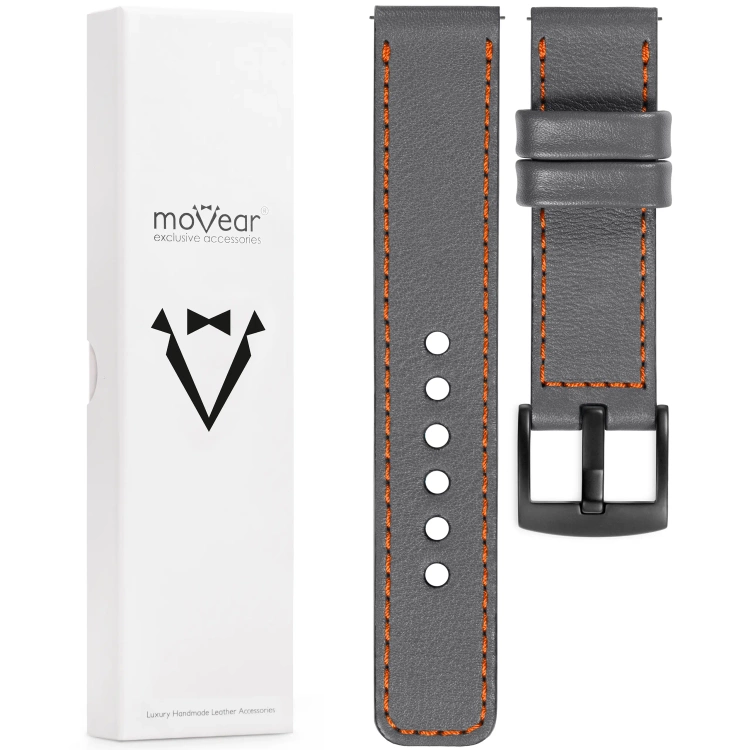 moVear Prestige C1 Skórzany pasek 22mm do zegarka | Szary, ciemnopomarańczowe przeszycie [rozmiary XS-XXL i klamra do wyboru]