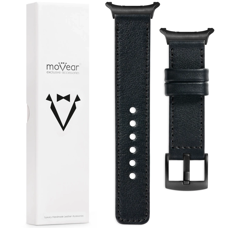 moVear Prestige C1 Skórzany pasek 24mm do Samsung Galaxy Watch Ultra | Czarny, czarne przeszycie [rozmiary XS-XXL i klamra do wyboru]