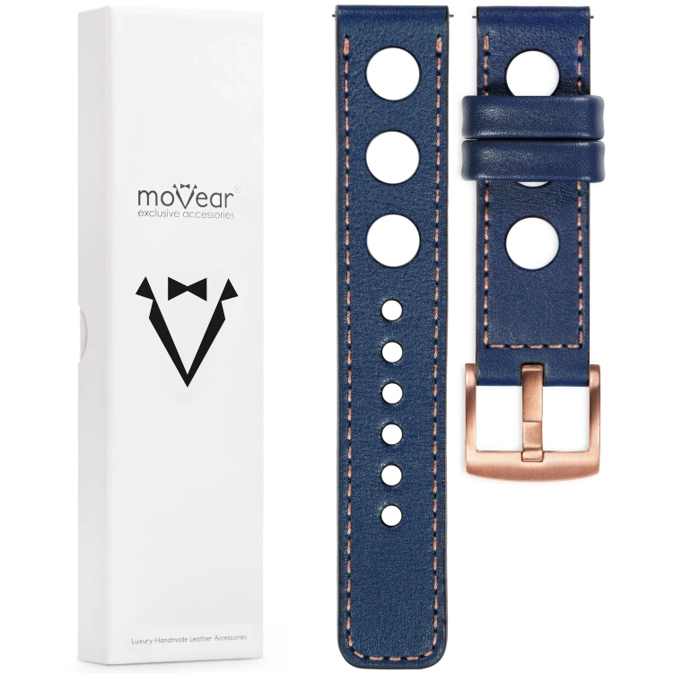 moVear Prestige R1 Skórzany pasek 22mm do zegarka | Granatowy, różowe złoto przeszycie [rozmiary XS-XXL i klamra do wyboru]