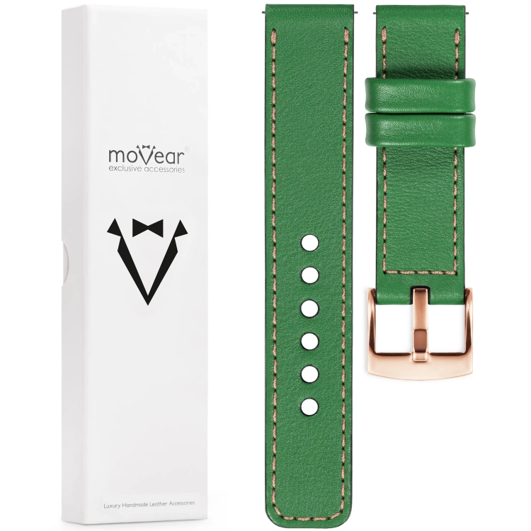 moVear Prestige C1 Skórzany pasek 20mm do zegarka | Zielony, różowe złoto przeszycie [rozmiary XS-XXL i klamra do wyboru]