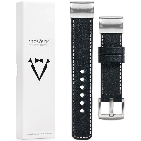 moVear Prestige C1 Skórzany pasek do Garmin QuickFit 22mm (Fenix / Forerunner / Epix / Instinct / Enduro / Quatix / MARQ - 47/45mm) | Czarny, białe przeszycie [rozmiary XS-XXL i klamra do wyboru]