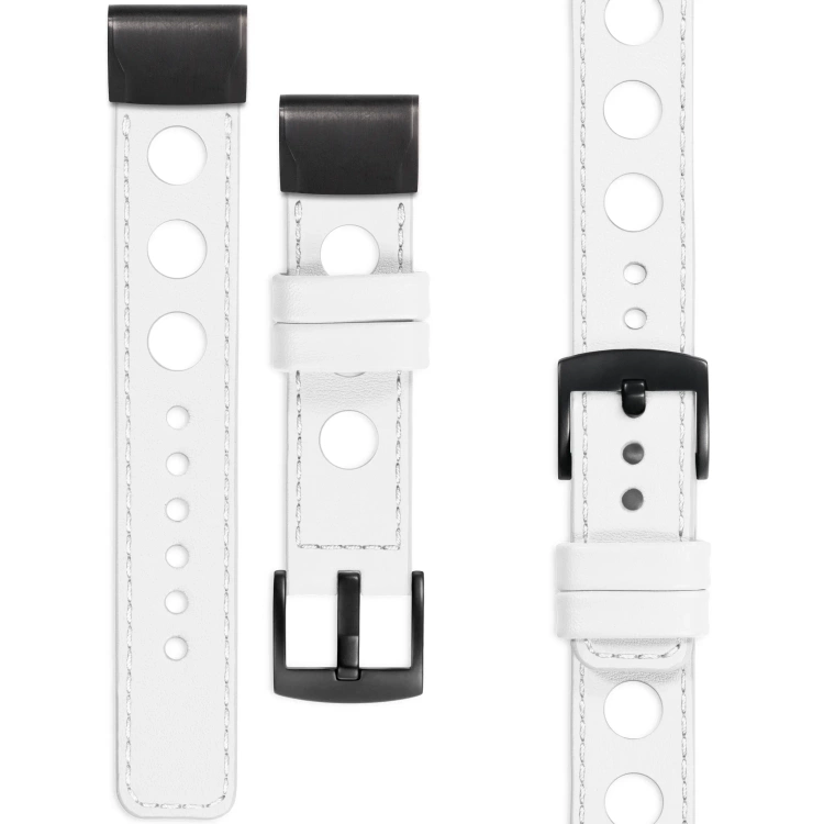 moVear Prestige R1 Skórzany pasek do Garmin QuickFit 22mm (Fenix / Forerunner / Epix / Instinct / Enduro / Quatix / MARQ - 47/45mm) | Biały, białe przeszycie [rozmiary XS-XXL i klamra do wyboru]