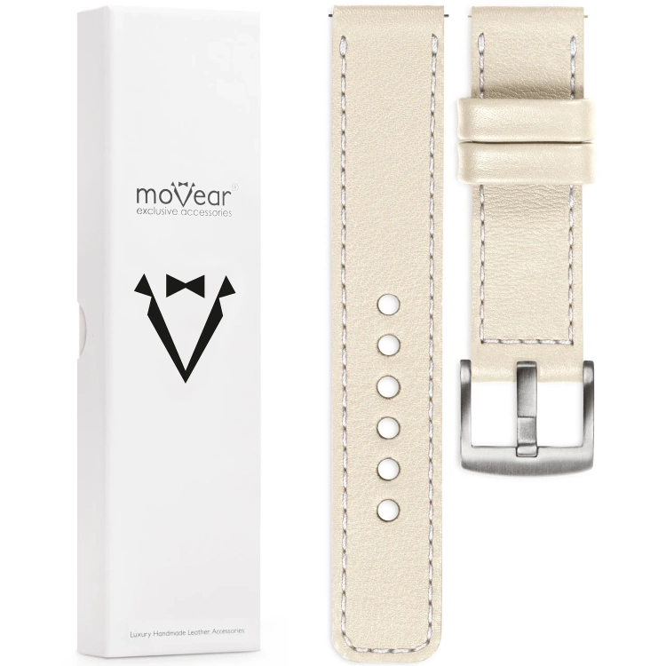 moVear Prestige C1 Skórzany pasek 22mm do Samsung Galaxy Watch 3 (45mm) / Watch (46mm) / Gear S3 | Beżowy, białe przeszycie [rozmiary XS-XXL i klamra do wyboru]