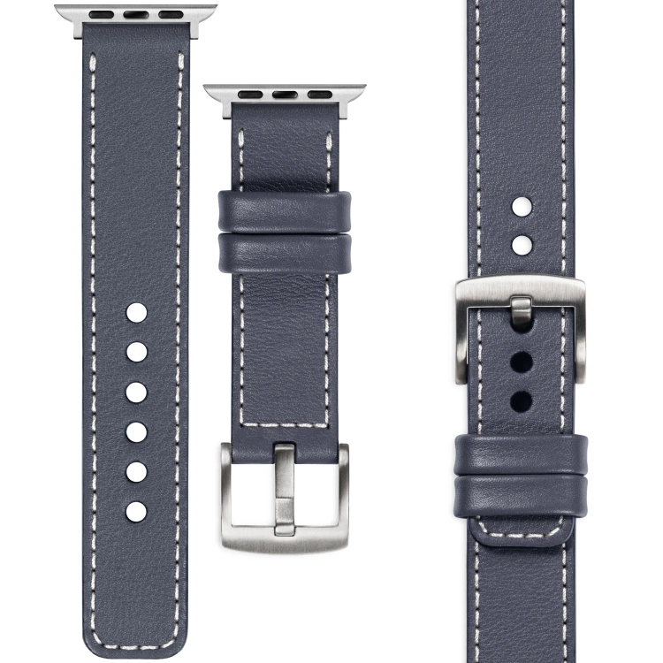 moVear Prestige C1 Skórzany pasek 24mm do Apple Watch 10 / 9 / 8 / 7 / 6 / 5 / 4 / SE (46/45/44mm) & Ultra (49mm) | Szary stalowy, białe przeszycie [rozmiary XS-XXL i klamra do wyboru]
