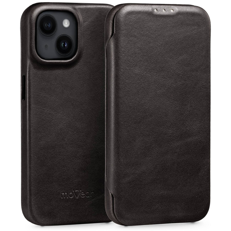 moVear flipSide 4S skórzane etui do Apple iPhone 14 Plus (6.7") | Skóra naturalna olejowana (Czarna)