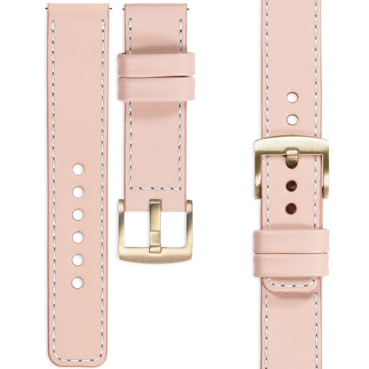 moVear Prestige C1 Skórzany pasek 18mm do Garmin Vivoactive 4S, Venu 3S/2S, Vívomove 3S | Różowy cielisty, białe przeszycie [rozmiary XS-XXL i klamra do wyboru]