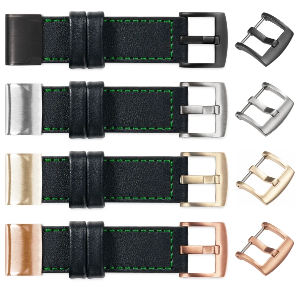 moVear Prestige C1 Skórzany pasek do Garmin QuickFit 26mm (Fenix / Epix / Quatix / Tactix / Enduro - 51mm) | Czarny, zielone przeszycie [rozmiary XS-XXL i klamra do wyboru]