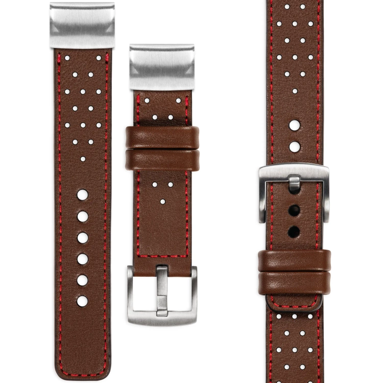 moVear Prestige R2 Skórzany pasek do Garmin QuickFit 22mm (Fenix / Forerunner / Epix / Instinct / Enduro / Quatix / MARQ - 47/45mm) | Ciemnobrązowy, czerwone przeszycie [rozmiary XS-XXL i klamra do wyboru]
