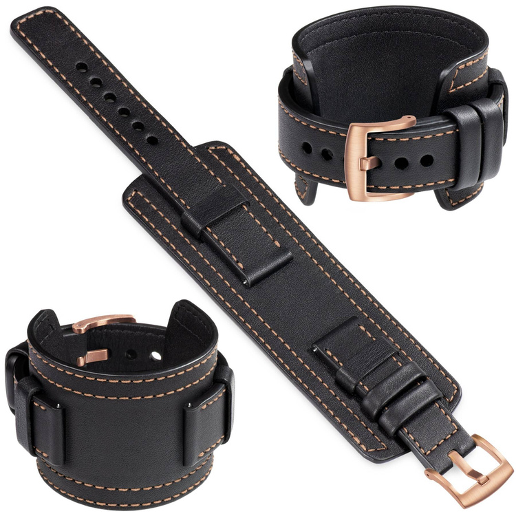 moVear Prestige CW1 Szeroki skórzany pasek 20mm do zegarka | Czarny, różowe złoto przeszycie [rozmiary XS-XXL i klamra do wyboru]