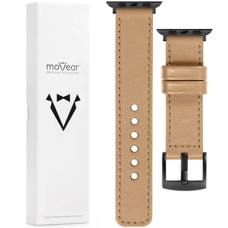 moVear Prestige C1 Skórzany pasek 24mm do Apple Watch 10 / 9 / 8 / 7 / 6 / 5 / 4 / SE (46/45/44mm) & Ultra (49mm) | Cappuccino, cappuccino przeszycie [rozmiary XS-XXL i klamra do wyboru]