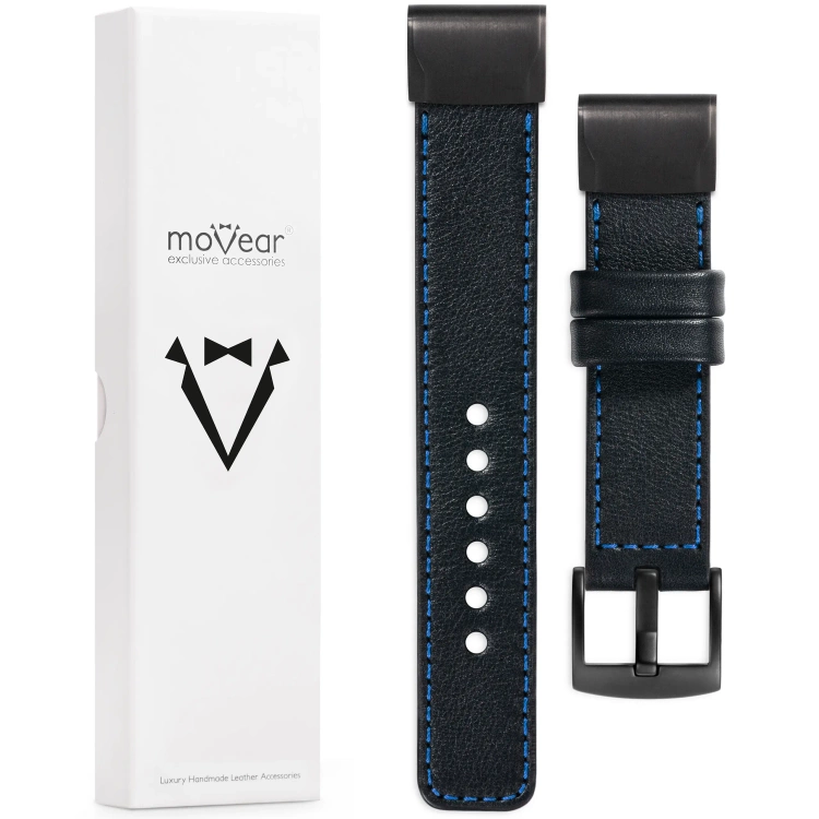 moVear Prestige C1 Skórzany pasek do Garmin QuickFit 20mm (Fenix / Instinct - 43/42/40mm) | Czarny, niebieskie przeszycie [rozmiary XS-XXL i klamra do wyboru]