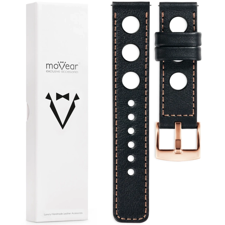 moVear Prestige R1 Skórzany pasek 22mm do zegarka | Czarny, różowe złoto przeszycie [rozmiary XS-XXL i klamra do wyboru]