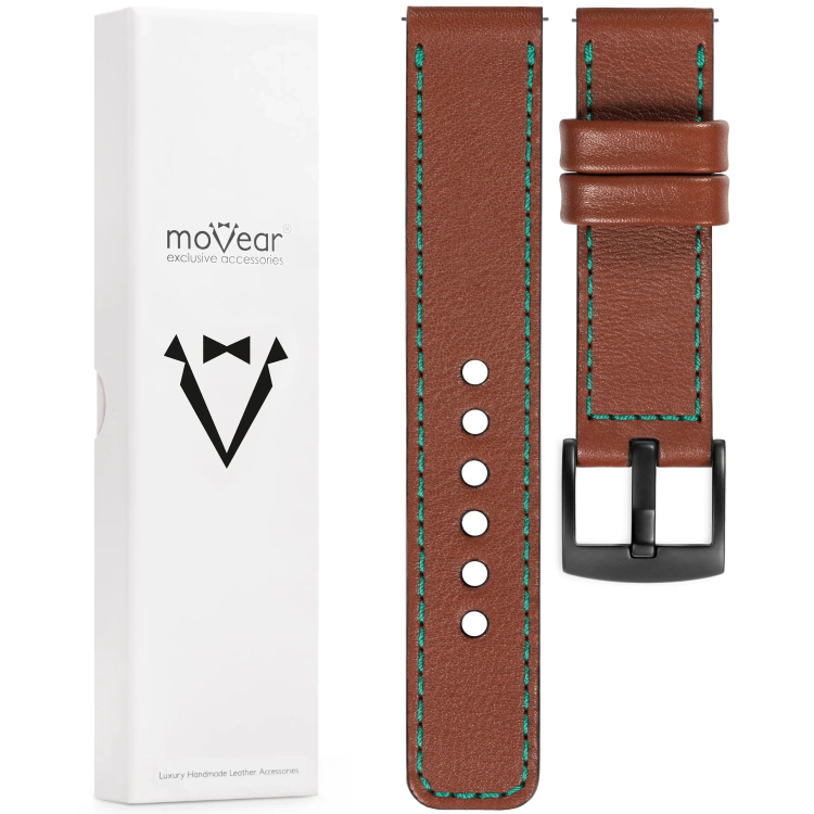 moVear Prestige C1 Skórzany pasek 20mm do zegarka | Brązowy, turkusowe przeszycie [rozmiary XS-XXL i klamra do wyboru]