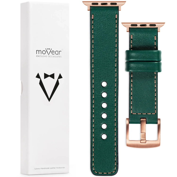 moVear Prestige C1 Skórzany pasek 22mm do Apple Watch 10 / 9 / 8 / 7 / 6 / 5 / 4 / SE (46/45/44mm) & Ultra (49mm) | Zielony butelkowy, różowe złoto przeszycie [rozmiary XS-XXL i klamra do wyboru]