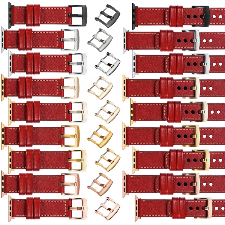 moVear Prestige C1 Skórzany pasek 22mm do Apple Watch 10 / 9 / 8 / 7 / 6 / 5 / 4 / SE (42/41/40mm) | Czerwony szkarłatny, różowe złoto przeszycie [rozmiary XS-XXL i klamra do wyboru]
