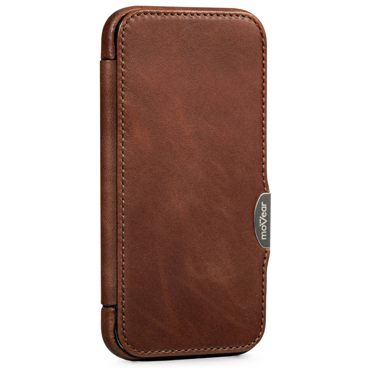 moVear flipSide 4C skórzane etui do Apple iPhone 15 (6,1") | Skóra naturalna olejowana (Ciemnobrązowa)