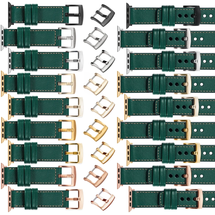 moVear Prestige C1 Skórzany pasek 22mm do Apple Watch 10 / 9 / 8 / 7 / 6 / 5 / 4 / SE (46/45/44mm) & Ultra (49mm) | Zielony butelkowy, różowe złoto przeszycie [rozmiary XS-XXL i klamra do wyboru]