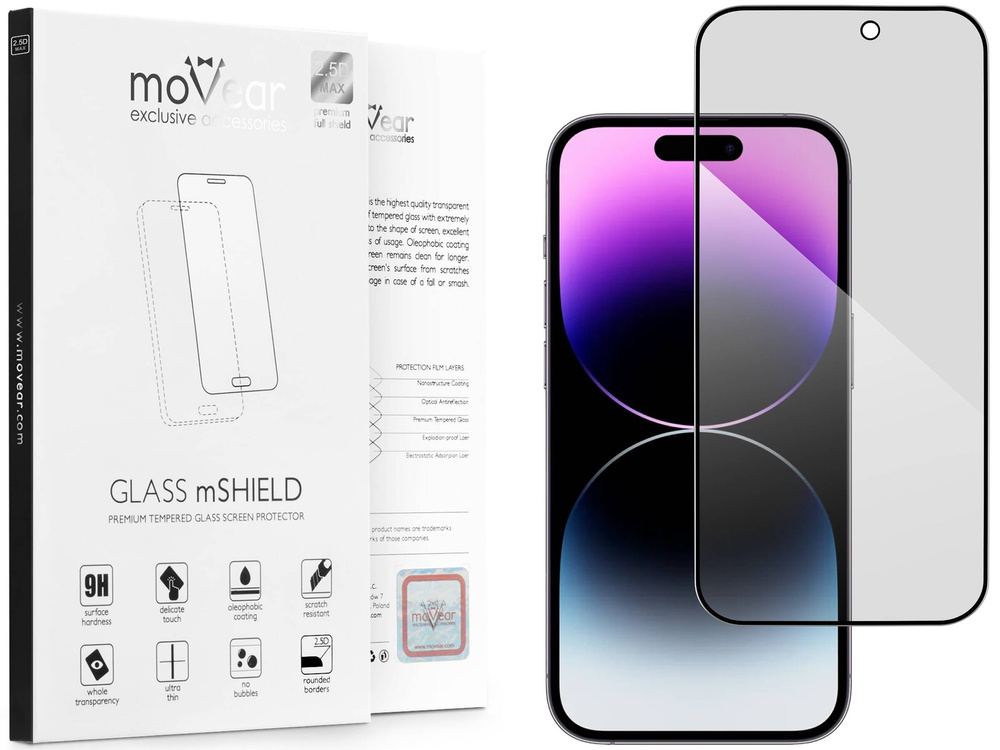 moVear GLASS mSHIELD 2.5D MAX privacy do Apple iPhone 14 Pro Max (6.7") (Prywatyzujące, kompatybilne z etui)
