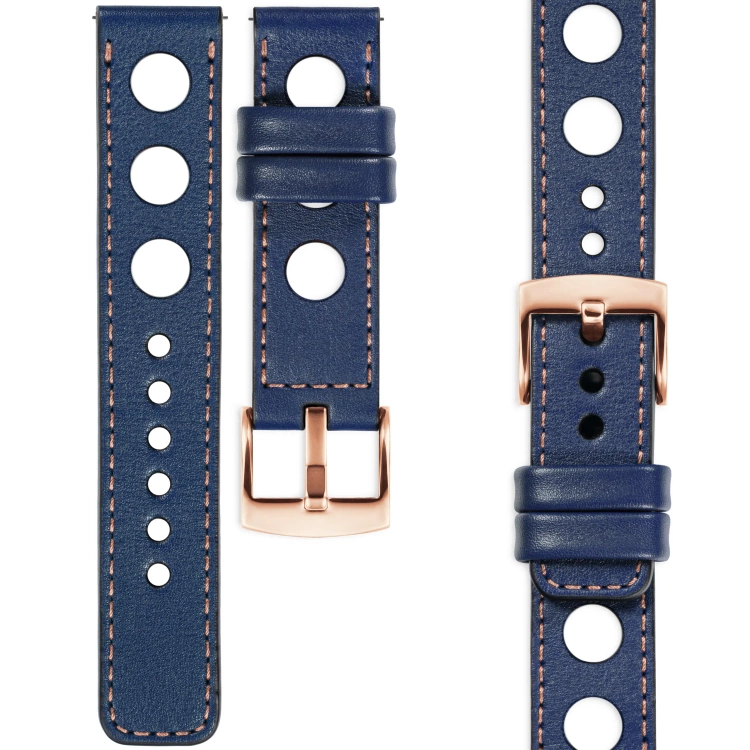 moVear Prestige R1 Skórzany pasek 18mm do zegarka | Granatowy, różowe złoto przeszycie [rozmiary XS-XXL i klamra do wyboru]