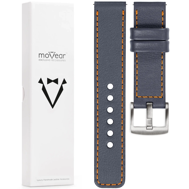 moVear Prestige C1 Skórzany pasek 22mm do zegarka | Szary stalowy, pomarańczowe przeszycie [rozmiary XS-XXL i klamra do wyboru]