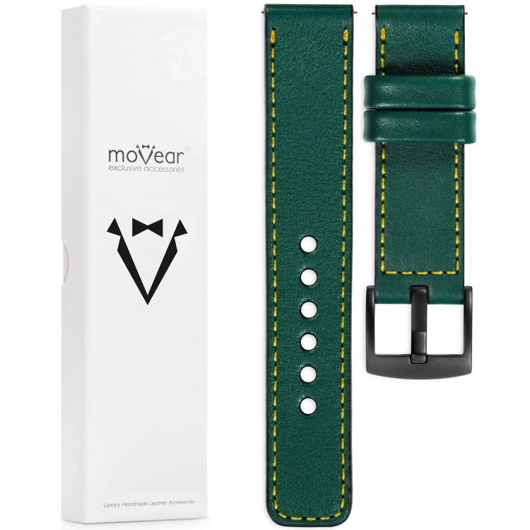 moVear Prestige C1 Skórzany pasek 22mm do zegarka | Zielony butelkowy, żółte przeszycie [rozmiary XS-XXL i klamra do wyboru]