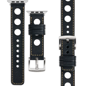 moVear Prestige R1 Skórzany pasek 24mm do Apple Watch 10 / 9 / 8 / 7 / 6 / 5 / 4 / SE (46/45/44mm) & Ultra (49mm) | Czarny, złote przeszycie [rozmiary XS-XXL i klamra do wyboru]
