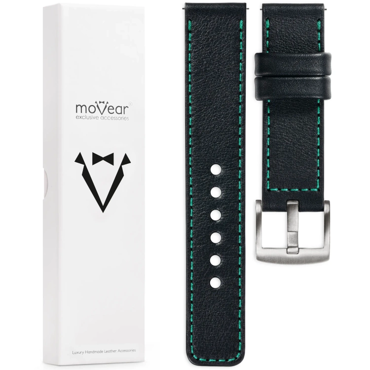 moVear Prestige C1 Skórzany pasek 22mm do zegarka | Czarny, turkusowe przeszycie [rozmiary XS-XXL i klamra do wyboru]