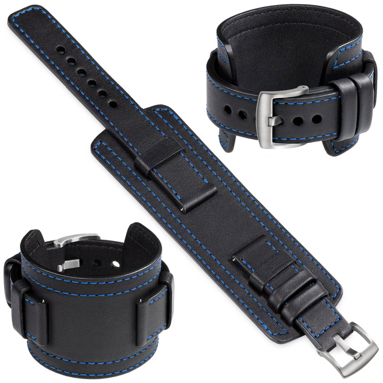 moVear Prestige CW1 Szeroki skórzany pasek 22mm do zegarka | Czarny, niebieskie przeszycie [rozmiary XS-XXL i klamra do wyboru]