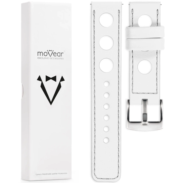 moVear Prestige R1 Skórzany pasek 24mm do zegarka | Biały, srebrne przeszycie [rozmiary XS-XXL i klamra do wyboru]