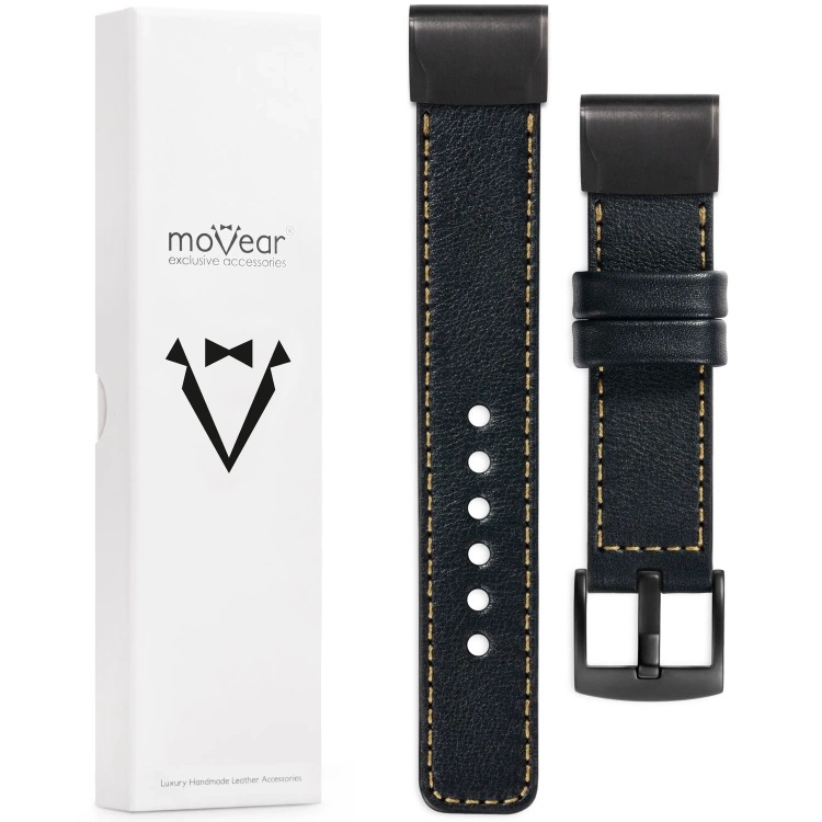 moVear Prestige C1 Skórzany pasek do Garmin QuickFit 26mm (Fenix / Epix / Quatix / Tactix / Enduro - 51mm) | Czarny, złote przeszycie [rozmiary XS-XXL i klamra do wyboru]