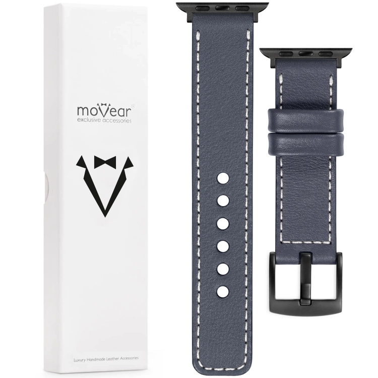 moVear Prestige C1 Skórzany pasek 22mm do Apple Watch 10 / 9 / 8 / 7 / 6 / 5 / 4 / SE (46/45/44mm) & Ultra (49mm) | Szary stalowy, białe przeszycie [rozmiary XS-XXL i klamra do wyboru]