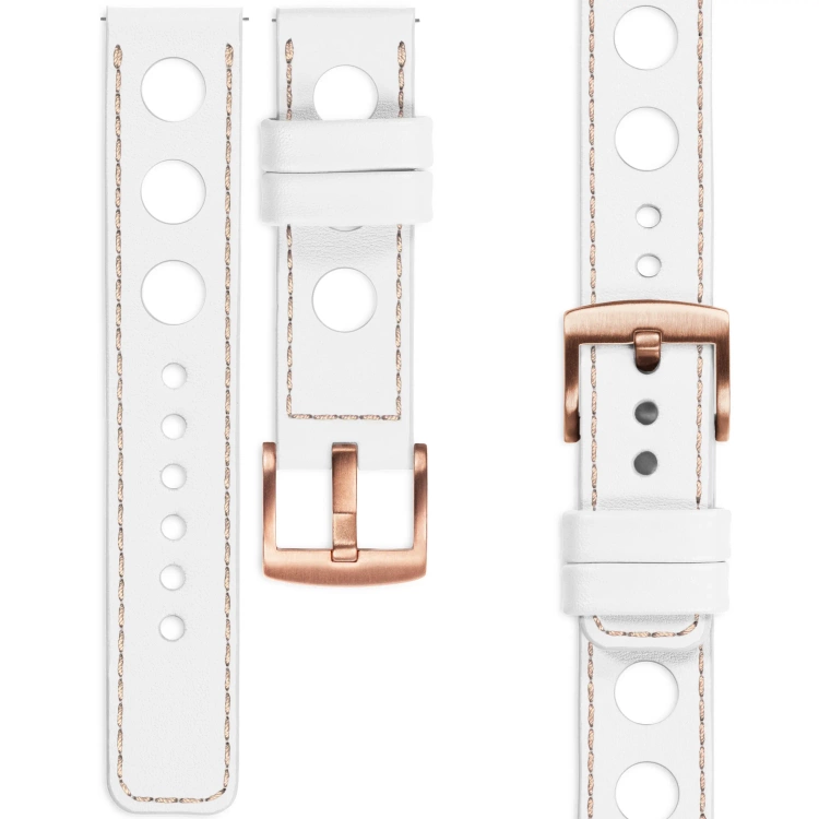 moVear Prestige R1 Skórzany pasek 20mm do Samsung Galaxy Watch 7 / 6 / 5 / 4 / 3 & Pro / FE / Classic / Active | Biały, różowe cieliste przeszycie [rozmiary XS-XXL i klamra do wyboru]