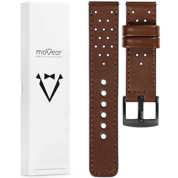 moVear Prestige R2 Skórzany pasek 20mm do Samsung Galaxy Watch 7 / 6 / 5 / 4 / 3 & Pro / FE / Classic / Active | Ciemnobrązowy, ciemnobrązowe przeszycie [rozmiary XS-XXL i klamra do wyboru]