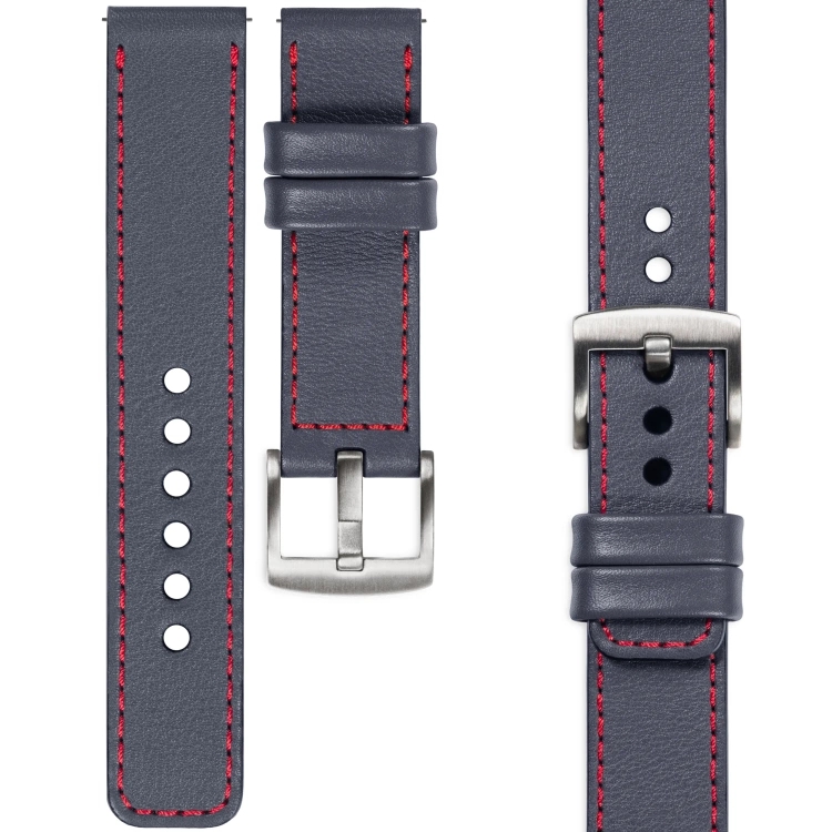moVear Prestige C1 Skórzany pasek 20mm do zegarka | Szary stalowy, czerwone przeszycie [rozmiary XS-XXL i klamra do wyboru]