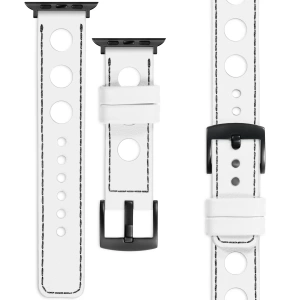 moVear Prestige R1 Skórzany pasek 22mm do Apple Watch 10 / 9 / 8 / 7 / 6 / 5 / 4 / SE (46/45/44mm) & Ultra (49mm) | Biały, czarne przeszycie [rozmiary XS-XXL i klamra do wyboru]