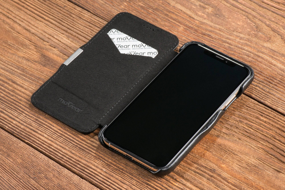 moVear flipSide C skórzane etui do Apple iPhone Xs / X (5.8") | Skóra naturalna gładka (Czarna)