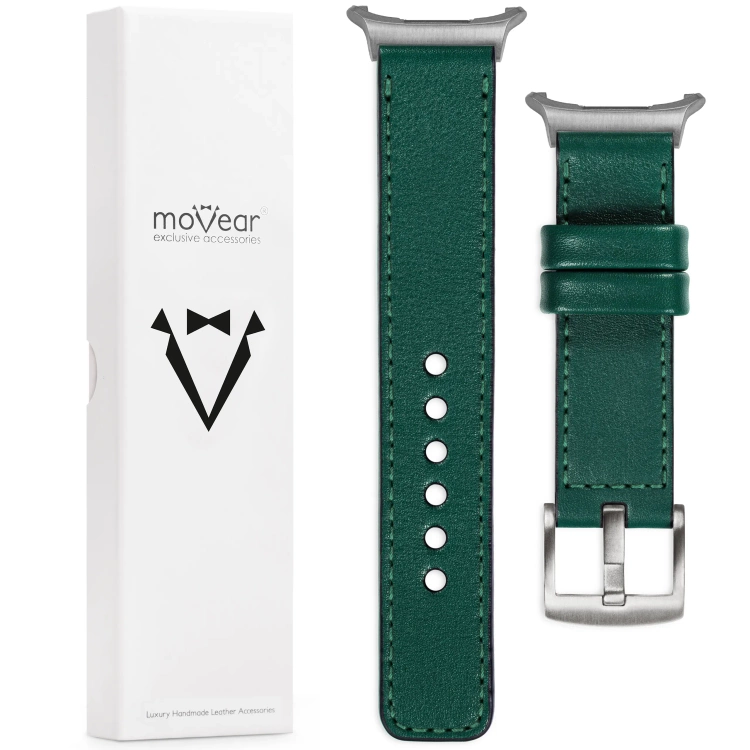 moVear Prestige C1 Skórzany pasek 22mm do Samsung Galaxy Watch Ultra | Zielony butelkowy, ciemnozielone przeszycie [rozmiary XS-XXL i klamra do wyboru]