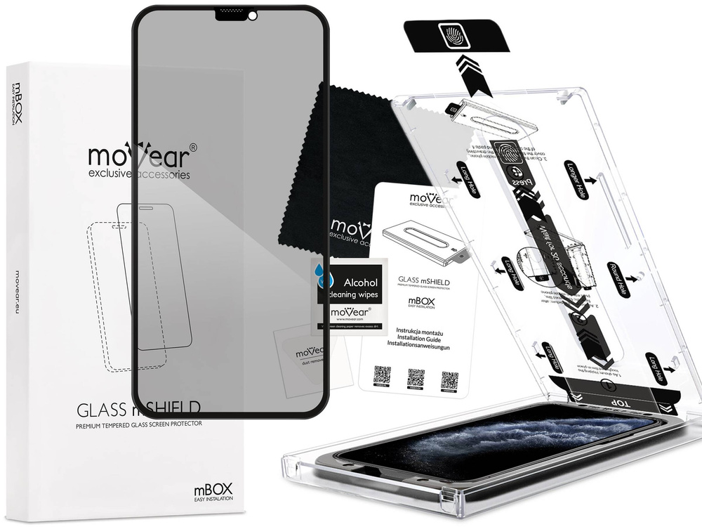 moVear mBOX GLASS mSHIELD 2.5D MAX privacy do Apple iPhone 11 Pro / Xs / X (5.8") (Anty spy, z Aplikatorem)
