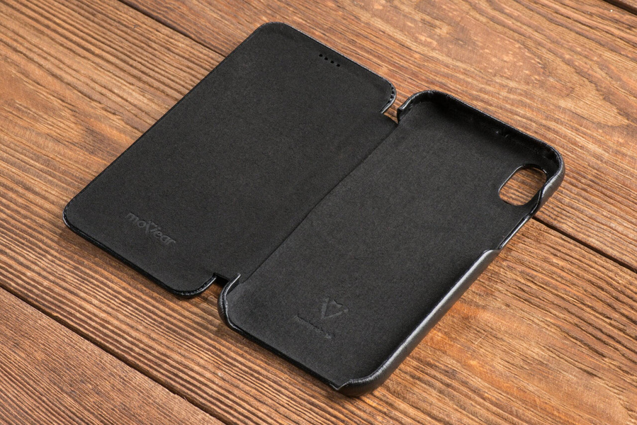 moVear flipSide S skórzane etui do Apple iPhone Xr (6.1") | Skóra naturalna gładka (Czarna)