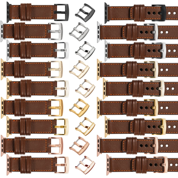 moVear Prestige C1 Skórzany pasek 24mm do Apple Watch 10 / 9 / 8 / 7 / 6 / 5 / 4 / SE (46/45/44mm) & Ultra (49mm) | Ciemnobrązowy, ciemnopomarańczowe przeszycie [rozmiary XS-XXL i klamra do wyboru]