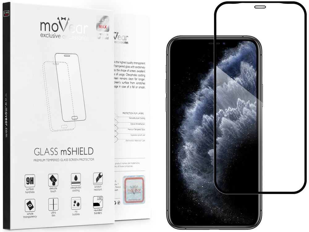 moVear GLASS mSHIELD 2.5D MAX do Apple iPhone 11 Pro / Xs / X (5.8") (kompatybilne z etui)