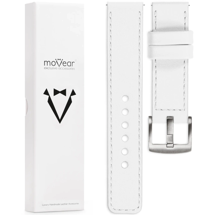 moVear Prestige C1 Skórzany pasek 22mm do Samsung Galaxy Watch 3 (45mm) / Watch (46mm) / Gear S3 | Biały, białe przeszycie [rozmiary XS-XXL i klamra do wyboru]