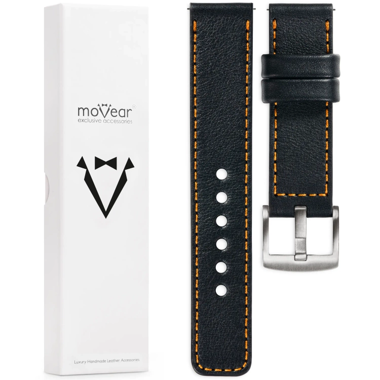 moVear Prestige C1 Skórzany pasek 22mm do zegarka | Czarny, pomarańczowe przeszycie [rozmiary XS-XXL i klamra do wyboru]