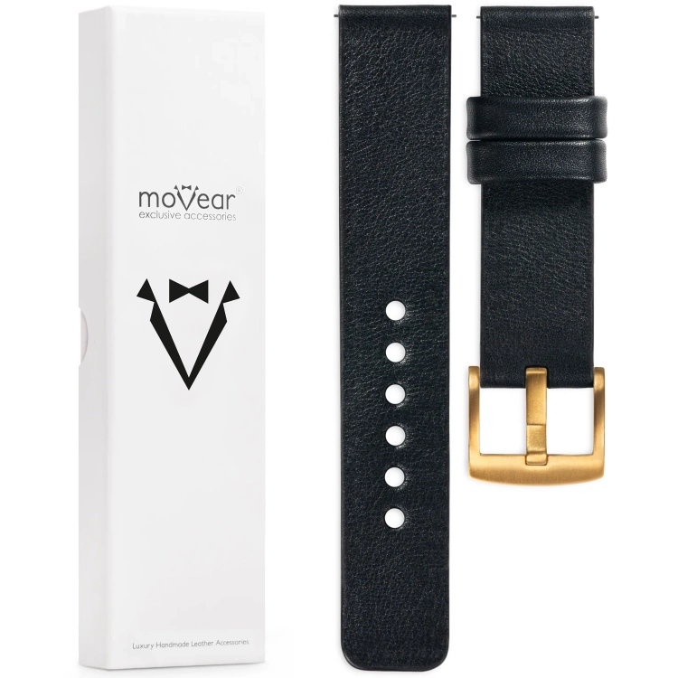 moVear Prestige S1 Skórzany pasek 20mm do Huawei Watch GT 3 2 1 / Pro (43/42mm) | Czarny [rozmiary XS-XXL i klamra do wyboru]