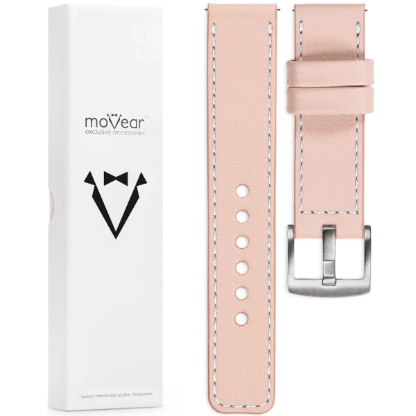 moVear Prestige C1 Skórzany pasek 20mm do Samsung Galaxy Watch 7 / 6 / 5 / 4 / 3 & Pro / FE / Classic / Active | Różowy cielisty, białe przeszycie [rozmiary XS-XXL i klamra do wyboru]