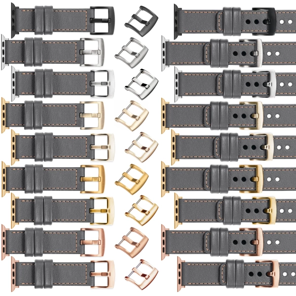 moVear Prestige C1 Skórzany pasek 22mm do Apple Watch 10 / 9 / 8 / 7 / 6 / 5 / 4 / SE (42/41/40mm) | Szary, różowe złoto przeszycie [rozmiary XS-XXL i klamra do wyboru]